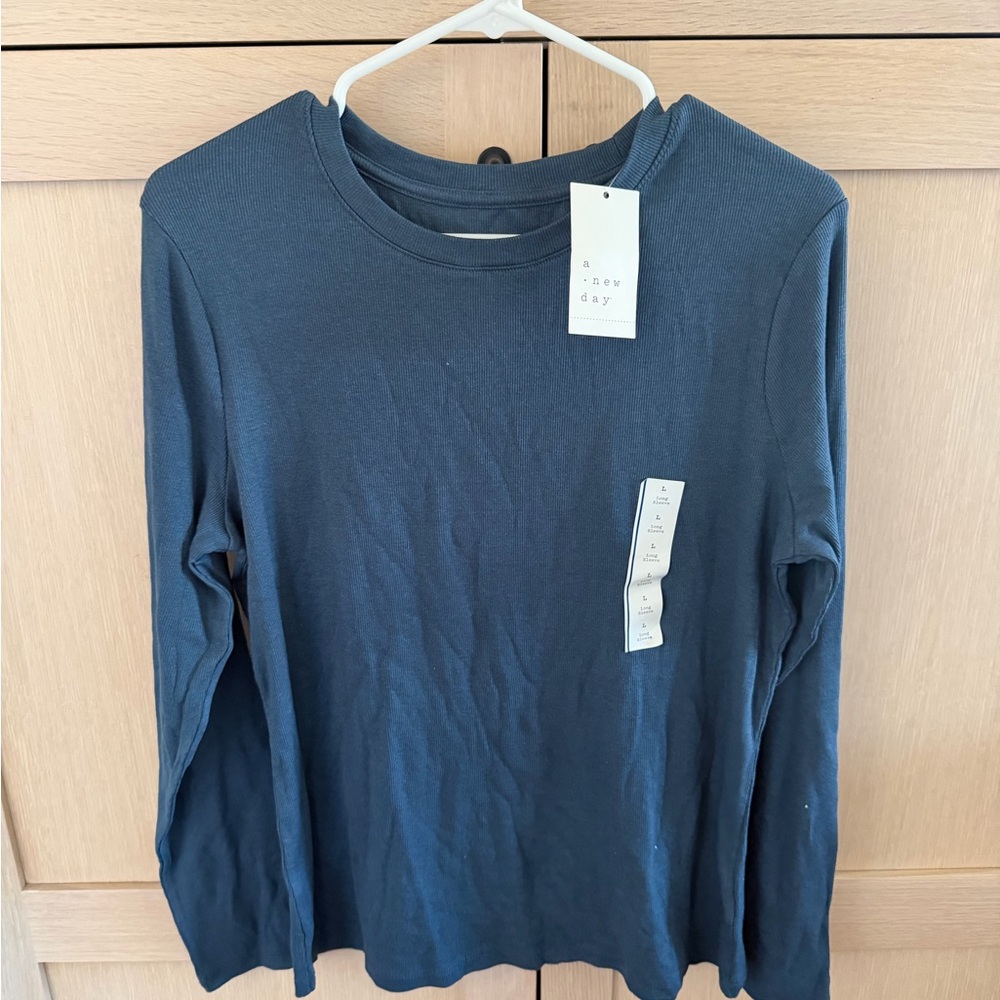 a new day Long Sleeve Tee in Navy and Tan - Picture 2 of 3